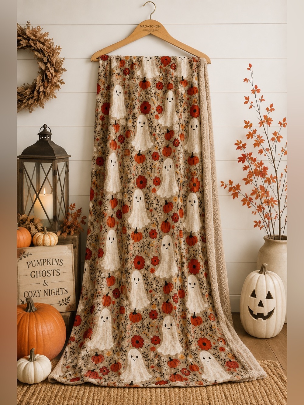 Pumpkins and Ghosts Decorative Throw.